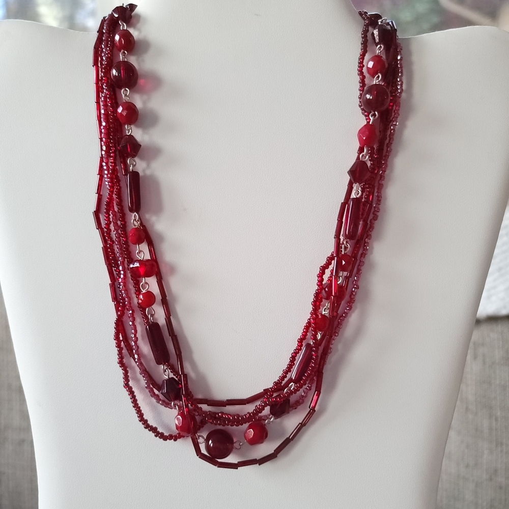 Express Red and Burgundy Stones and Beaded Necklace
